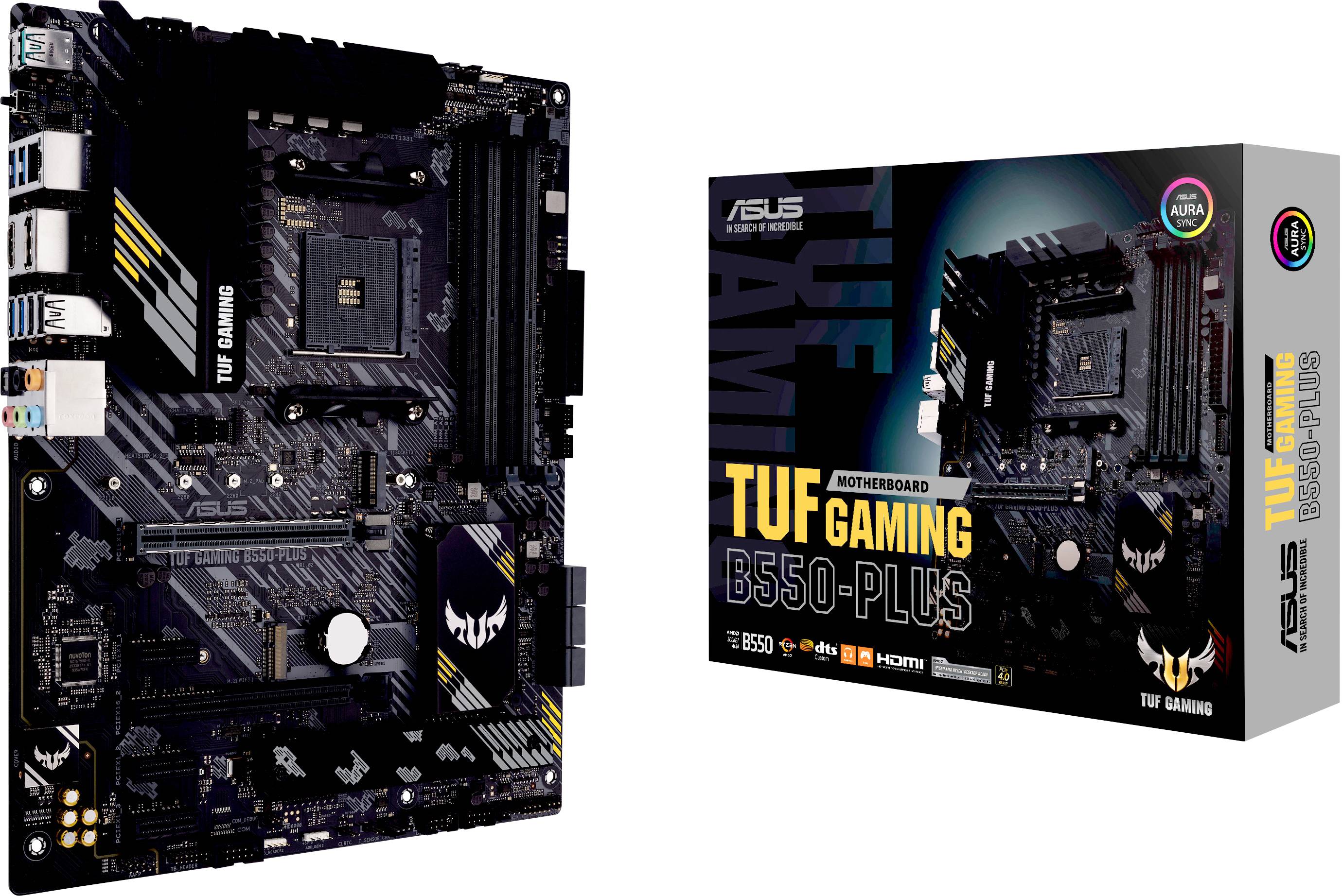 Mainboard ASUS TUF Gaming B550-PLUS und Verpackung. Details des Mainboards sind sichtbar, darunter Anschlüsse und Designmerkmale.