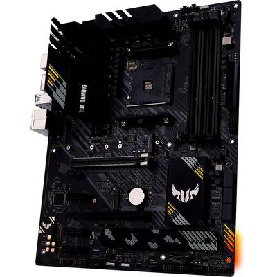 Ein schwarzes Computer-Motherboard mit Beschriftung 'TUF Gaming'. Es hat mehrere Steckplätze und Anschlüsse für Computerkomponenten.