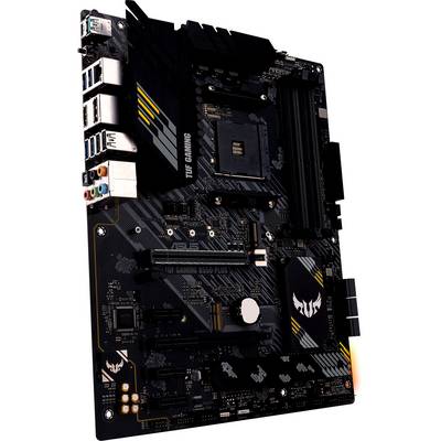 Eine schwarze Hauptplatine mit mehreren Steckplätzen und Anschlüssen, darunter USB-Ports und Audio-Buchsen. Markenname 'TUF Gaming' sichtbar.