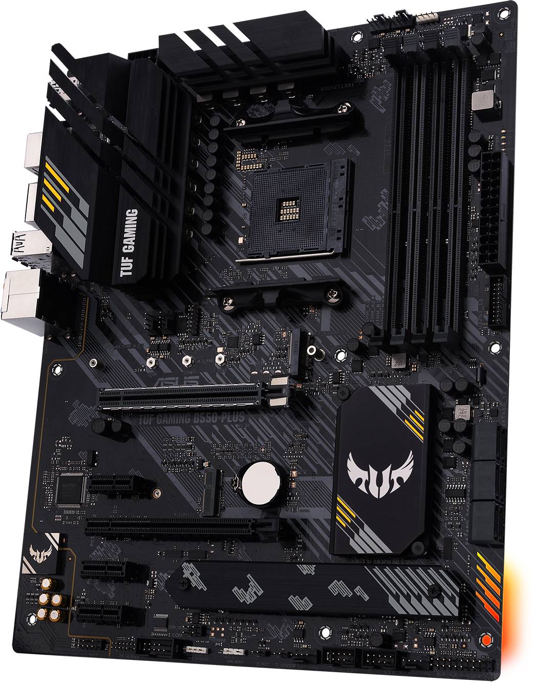 TUF Gaming-Mainboard, schwarz mit gelben Akzenten, mehrere Steckplätze und Anschlüsse, robustes Design für Gaming-PC-Bau.
