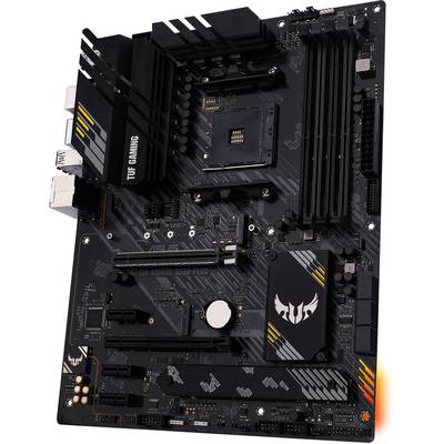 TUF Gaming-Mainboard, schwarz mit gelben Akzenten, mehrere Steckplätze und Anschlüsse, robustes Design für Gaming-PC-Bau.