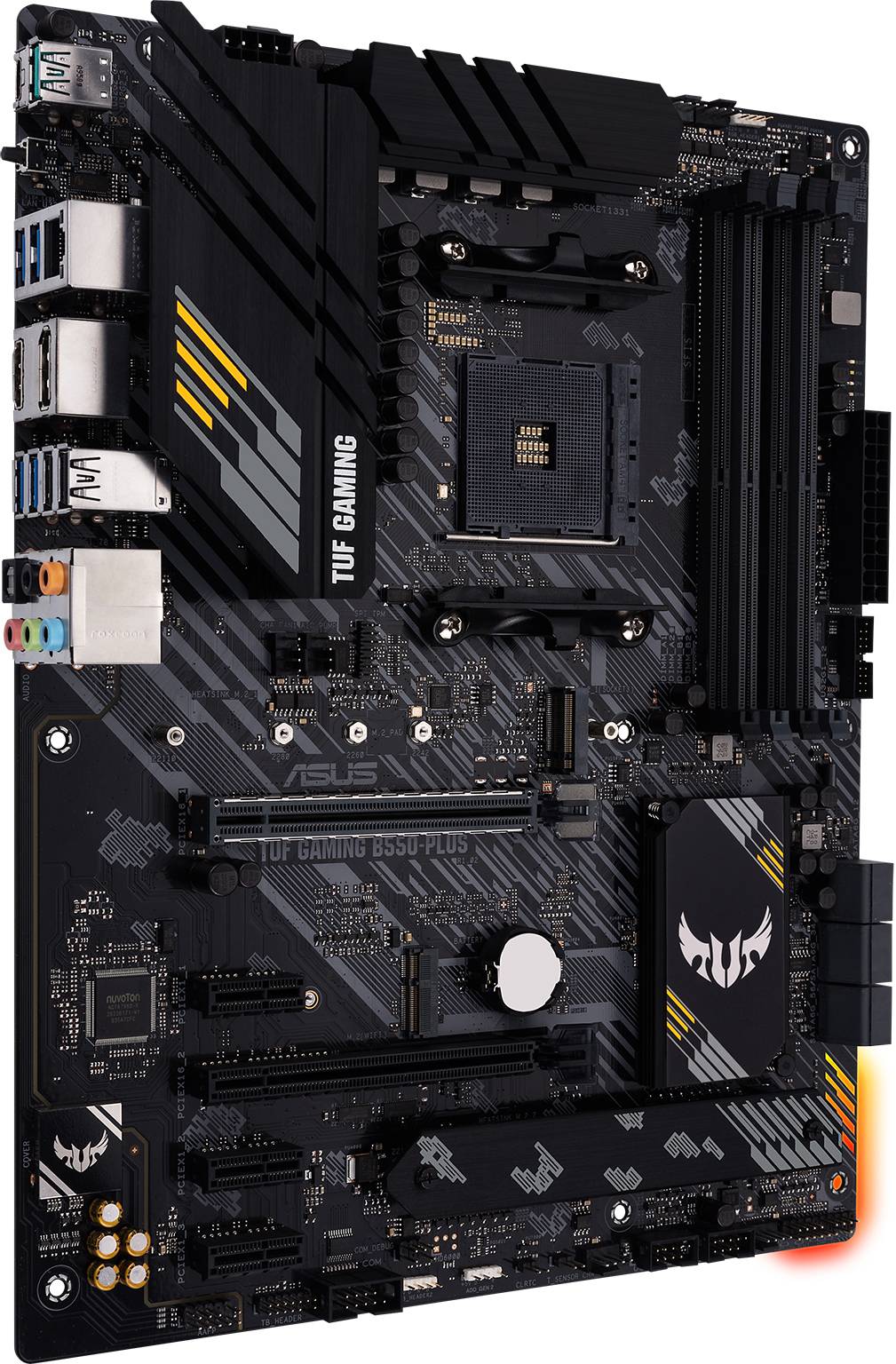 'ASUS TUF Gaming B550-Plus' Mainboard mit AM4-Sockel, PCIe-Slots, USB- und Audioanschlüssen. Schwarzes Design mit gelben Akzenten.