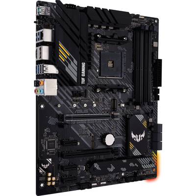 'ASUS TUF Gaming B550-Plus' Mainboard mit AM4-Sockel, PCIe-Slots, USB- und Audioanschlüssen. Schwarzes Design mit gelben Akzenten.