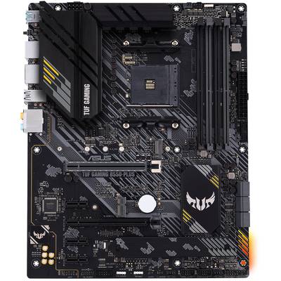 Schwarzes Mainboard ASUS TUF Gaming B550-Plus mit mehreren PCIe-Steckplätzen, USB-Ports und einem auffälligen Kühlkörperdesign.