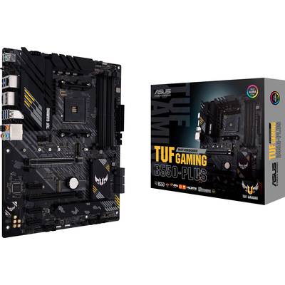 Motherboard Asus TUF Gaming B550-Plus neben Verpackung. Unterstützt AMD-Prozessoren, PCIe 4.0, Aura RGB-Beleuchtung.