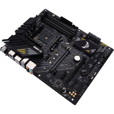 Eine schwarze Gaming-Mainboard-Platine mit mehreren Anschlüssen, RAM-Steckplätzen und einem markanten Kühlkörper-Design.