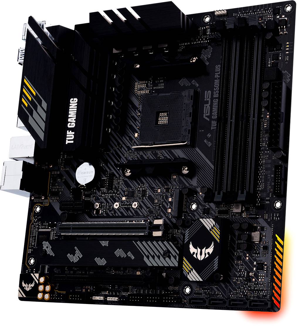 Eine schwarze Gaming-Motherboard-Platine mit dem Label 'TUF Gaming', zahlreichen Steckplätzen und Anschlüssen, für Computerbau.