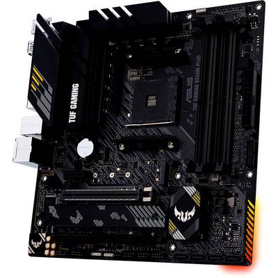Eine schwarze Gaming-Motherboard-Platine mit dem Label 'TUF Gaming', zahlreichen Steckplätzen und Anschlüssen, für Computerbau.