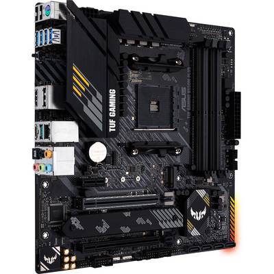 Ein Motherboard-Modell mit verschiedenen Anschlüssen und Steckplätzen, gekennzeichnet mit 'TUF Gaming' und 'ASUS'.