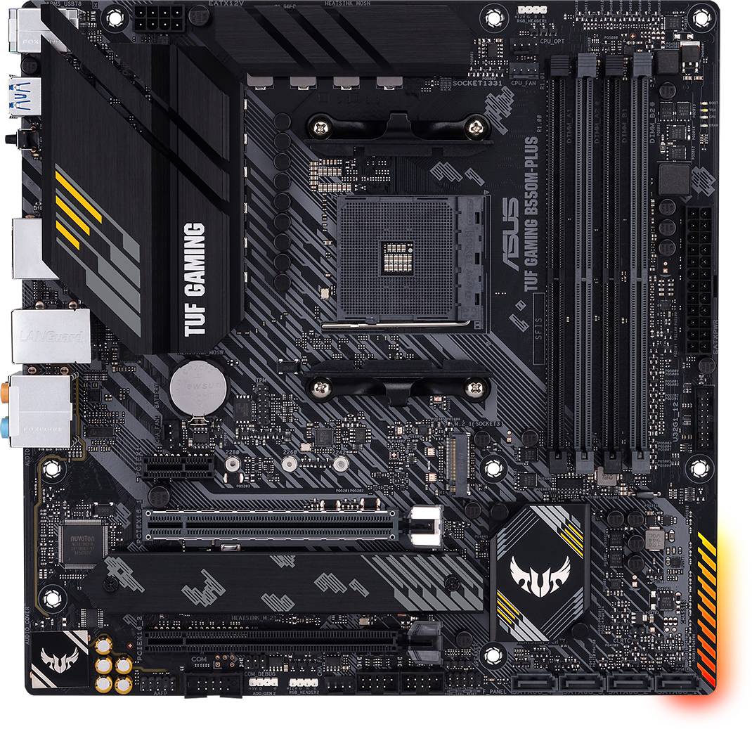 Schwarzes ASUS TUF Gaming-Motherboard mit vier RAM-Steckplätzen, mehreren PCIe-Steckplätzen und gelben Akzenten.