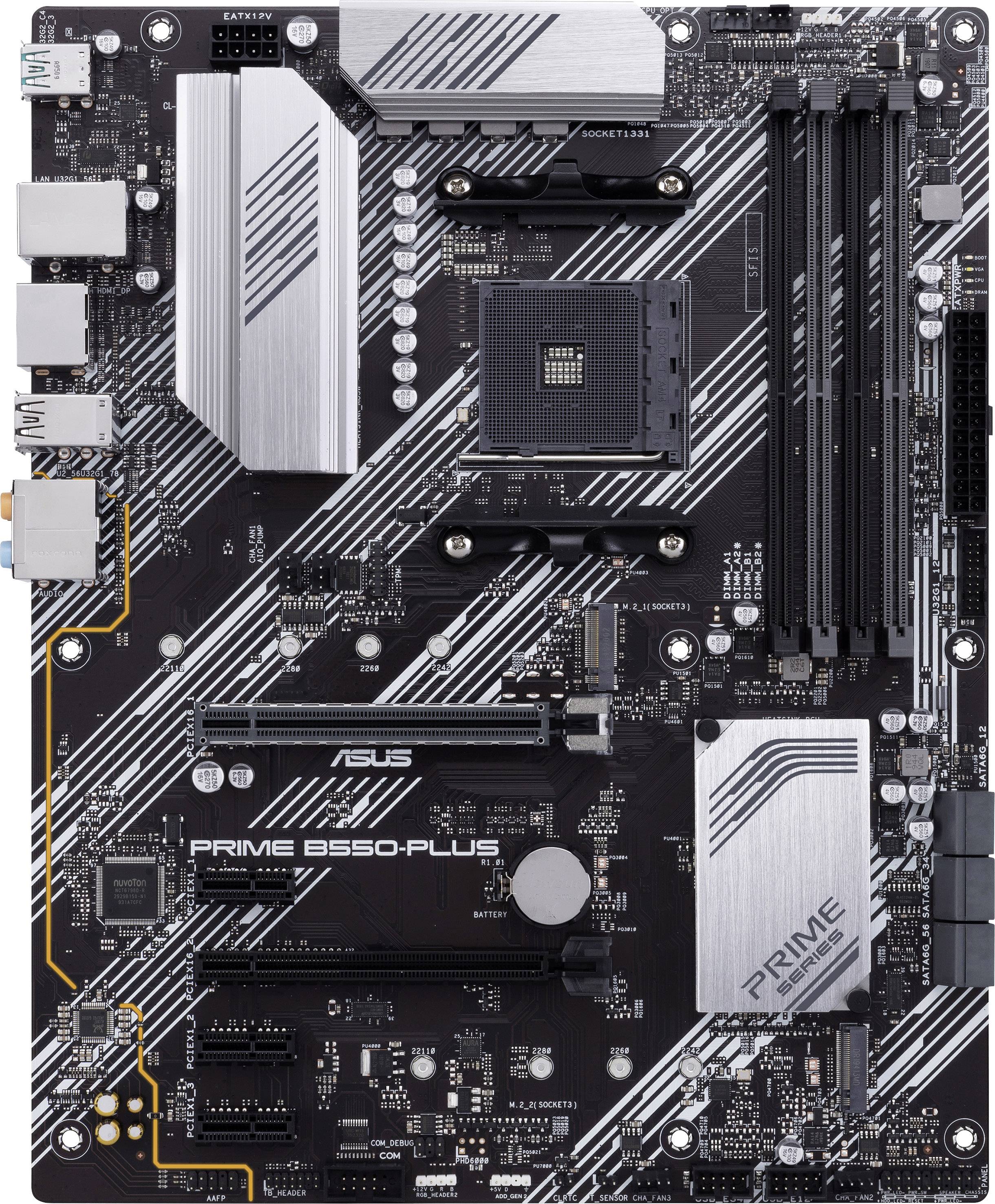 Ein Computer-Mainboard mit mehreren Steckplätzen für RAM, Erweiterungskarten und Anschlüsse. Modell 'ASUS PRIME B550-PLUS'.