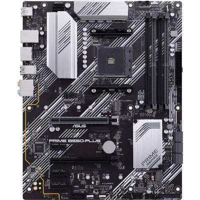 Ein Computer-Mainboard mit mehreren Steckplätzen für RAM, Erweiterungskarten und Anschlüsse. Modell 'ASUS PRIME B550-PLUS'.