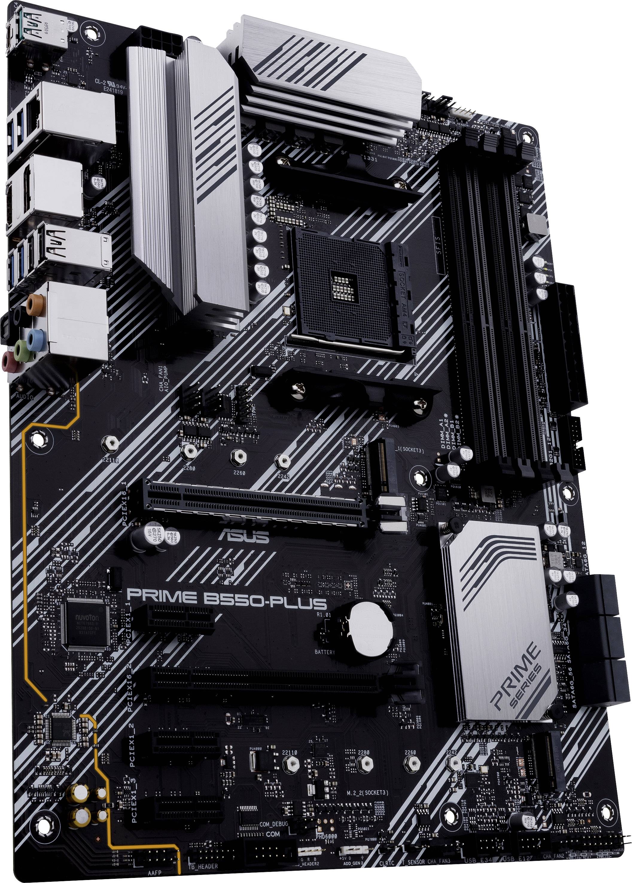 Ein ASUS PRIME B550-PLUS Mainboard mit PCIe-Steckplätzen, RAM-Slots und Kühlkörpern, geeignet für AMD-Prozessoren in Desktop-PCs.