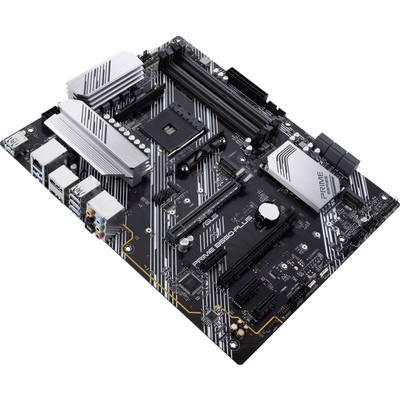 Computer-Mainboard mit mehreren Anschlüssen und Steckplätzen, darunter USB-Ports, RAM-Sockel und PCIe-Steckplätze.