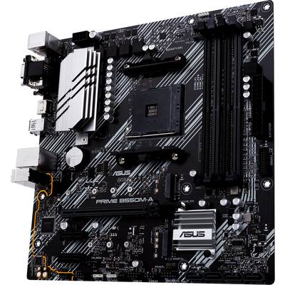 Ein schwarzes ASUS-Mainboard, Modell 'PRIME B550M-A', mit verschiedenen Steckplätzen und Anschlüssen für Computerhardwarekomponenten.