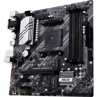 Schwarzes ASUS PRIME B550M-A Motherboard mit PCIe-Steckplätzen, RAM-Steckplätzen und Anschlüssen für CPU, Grafik- und Soundkarten.