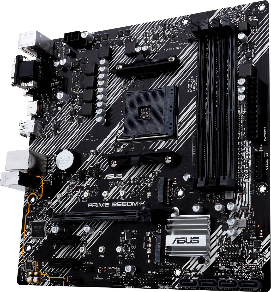 Schwarzes ASUS Prime B550M-K Mainboard mit mehreren Steckplätzen und Anschlüssen. Geeignet für AMD-Prozessoren.