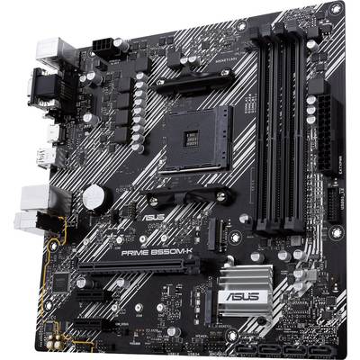 Schwarzes ASUS Prime B550M-K Mainboard mit mehreren Steckplätzen und Anschlüssen, einschließlich PCIe-Slots und RAM-Bänken.