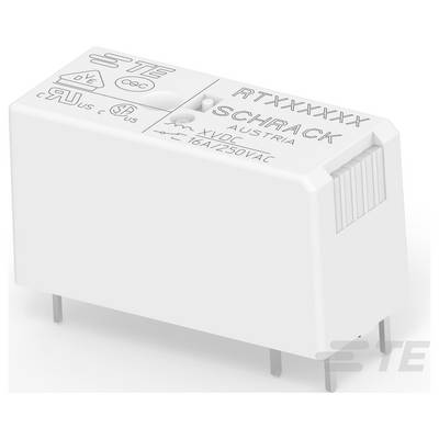 Weißes rechteckiges elektronisches Relais mit der Bezeichnung „TE RZ03-1C4-D012 SCHRACK 12VDC 16A/250VAC", mit Anschlüssen darunter zur Schaltkreisverbindung.