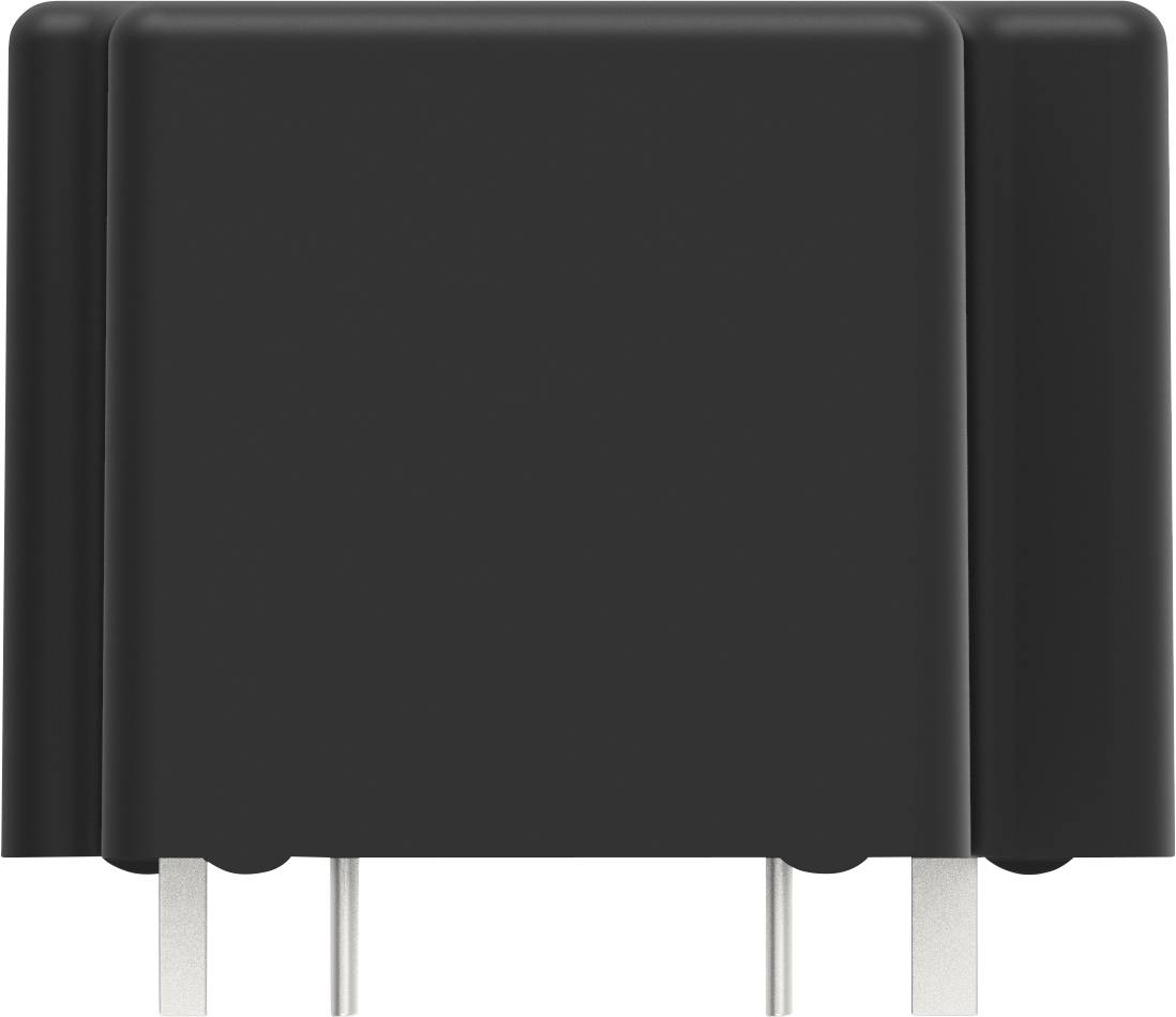 Ein schwarzes elektronisches Bauteil mit drei metallischen Anschlüssen, vermutlich ein Relais oder Steckverbinder, auf weißem Hintergrund.