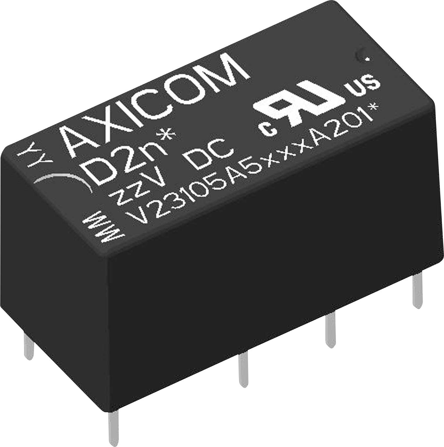 'AXICOM'-Relais mit sieben Metallstiften, beschriftet mit 'D2n 22V DC V23105A5xxxA201', zeigt Zulassungszeichen für cRUus.