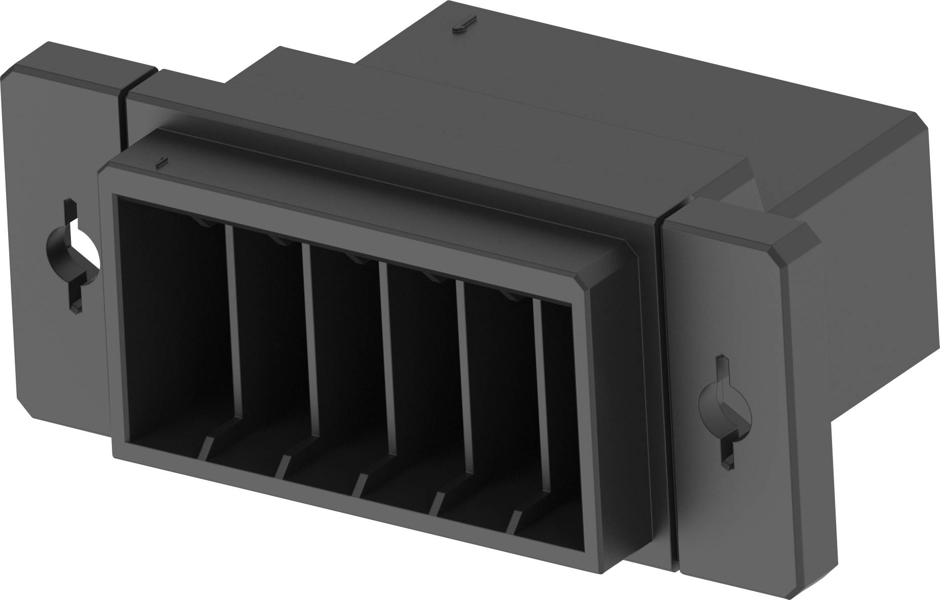 Ein schwarzer Kunststoffstecker mit fünf Buchsen, rechteckige Form, zwei Befestigungslöcher an den Seiten, geeignet für elektronische Verbindungen.