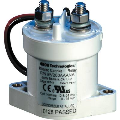 Ein elektrisches Relais mit zwei Befestigungsschrauben. Text darauf: 'Kilovac Czonka III Relay' und 'P/N EV200AACANA'.