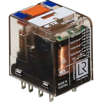 Ein durchsichtiges Elektromodul mit Kupferspule, mehreren Metallpins und Beschriftung 'SCHRACK', hergestellt in Österreich.