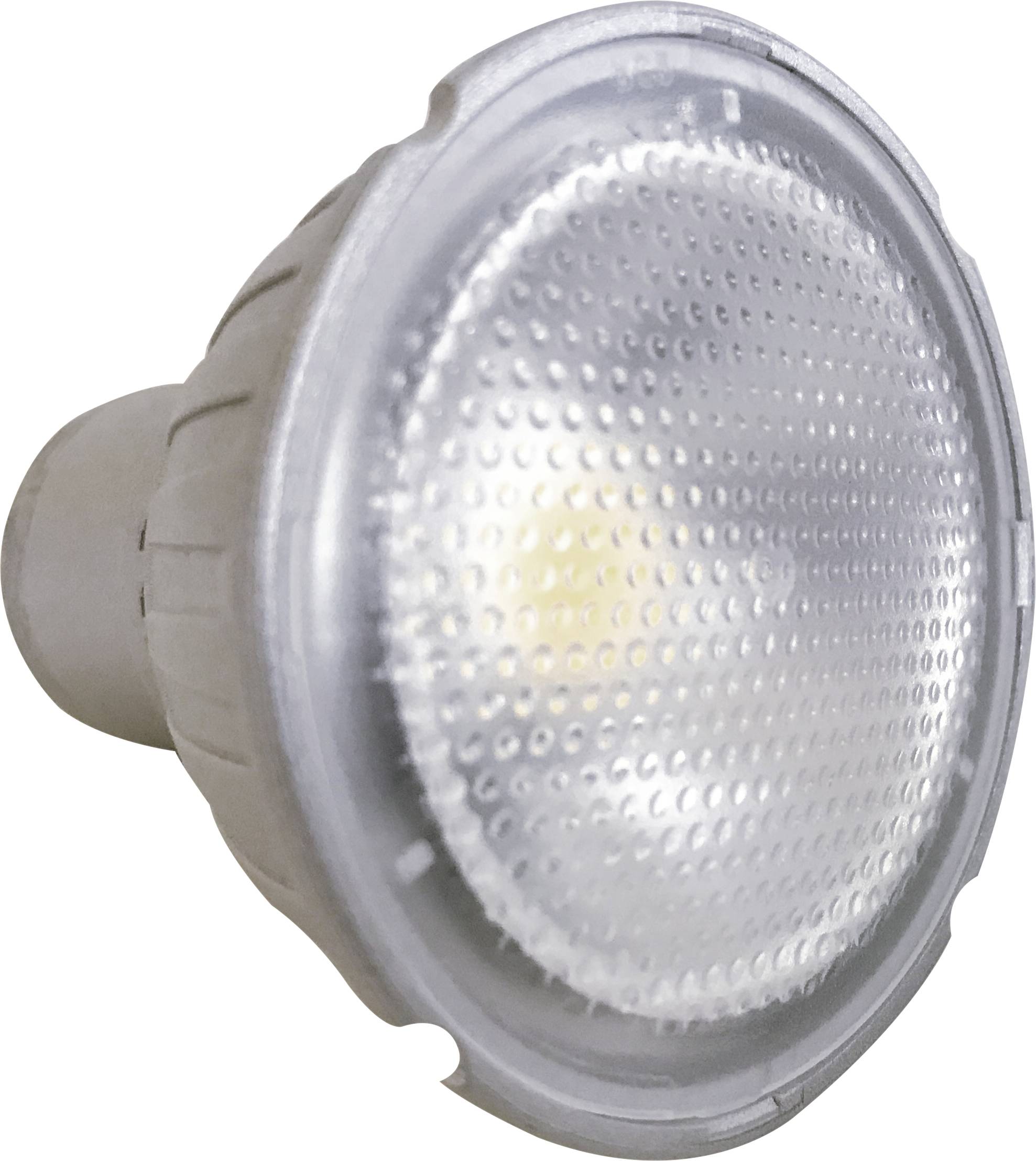 Ein einzelner, runder LED-Strahler mit strukturiertem Glas, das Licht von einer gelben Diode im Inneren verteilt.