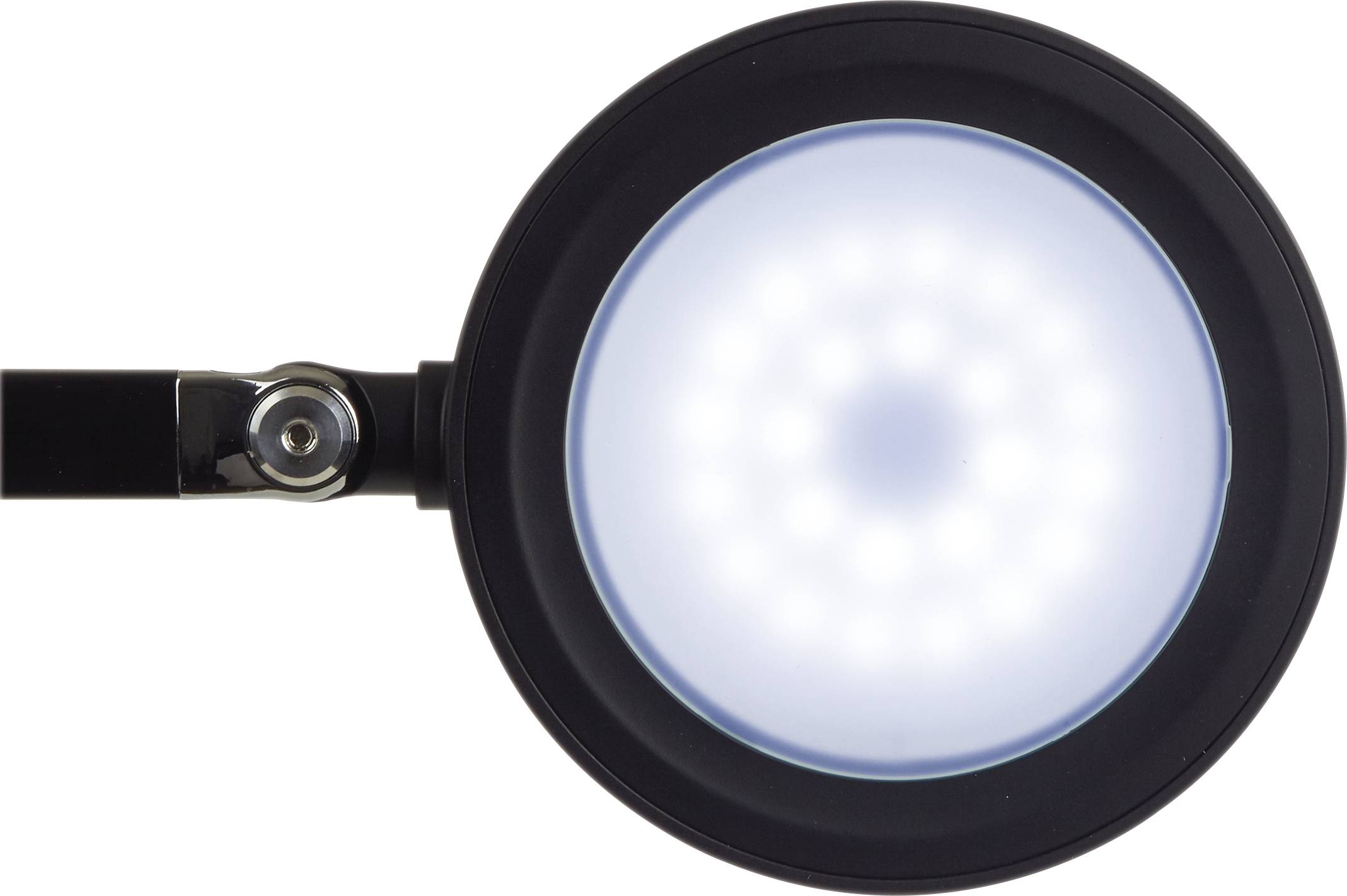 Eine runde LED-Lampe mit hellem, weißem Licht, montiert an einem schwarzen Arm, von oben gesehen.