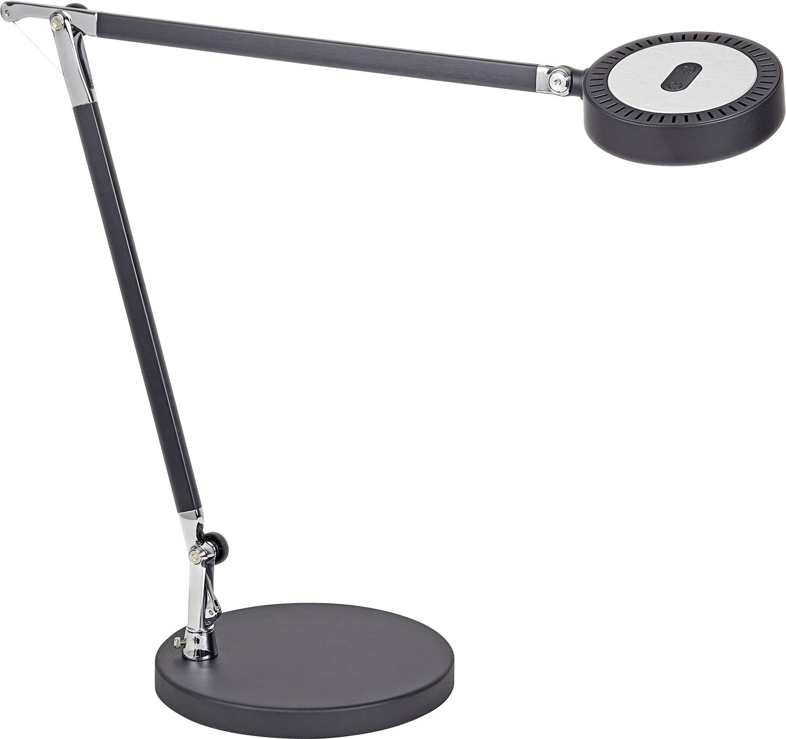 Schwarze Schreibtischlampe mit verstellbarem Arm und rundem Lampenkopf. Modernes Design, hauptsächlich für Büros oder Arbeitsbereiche geeignet.