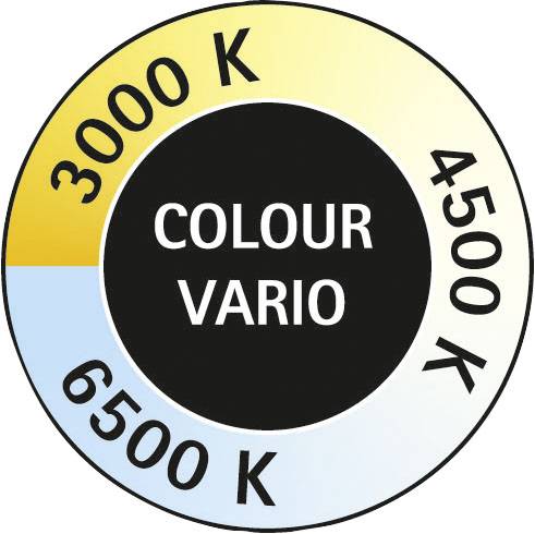 Kreisdiagramm zeigt Farbtemperaturen von 3000 K (gelblich) über 4500 K bis 6500 K (bläulich) mit der Beschriftung 'COLOUR VARIO'.
