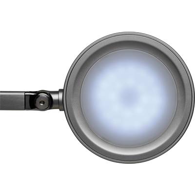 Eine runde LED-Lampe mit blauem Licht, befestigt an einem Metallarm, die wahrscheinlich zur Vergrößerung oder Beleuchtung dient.