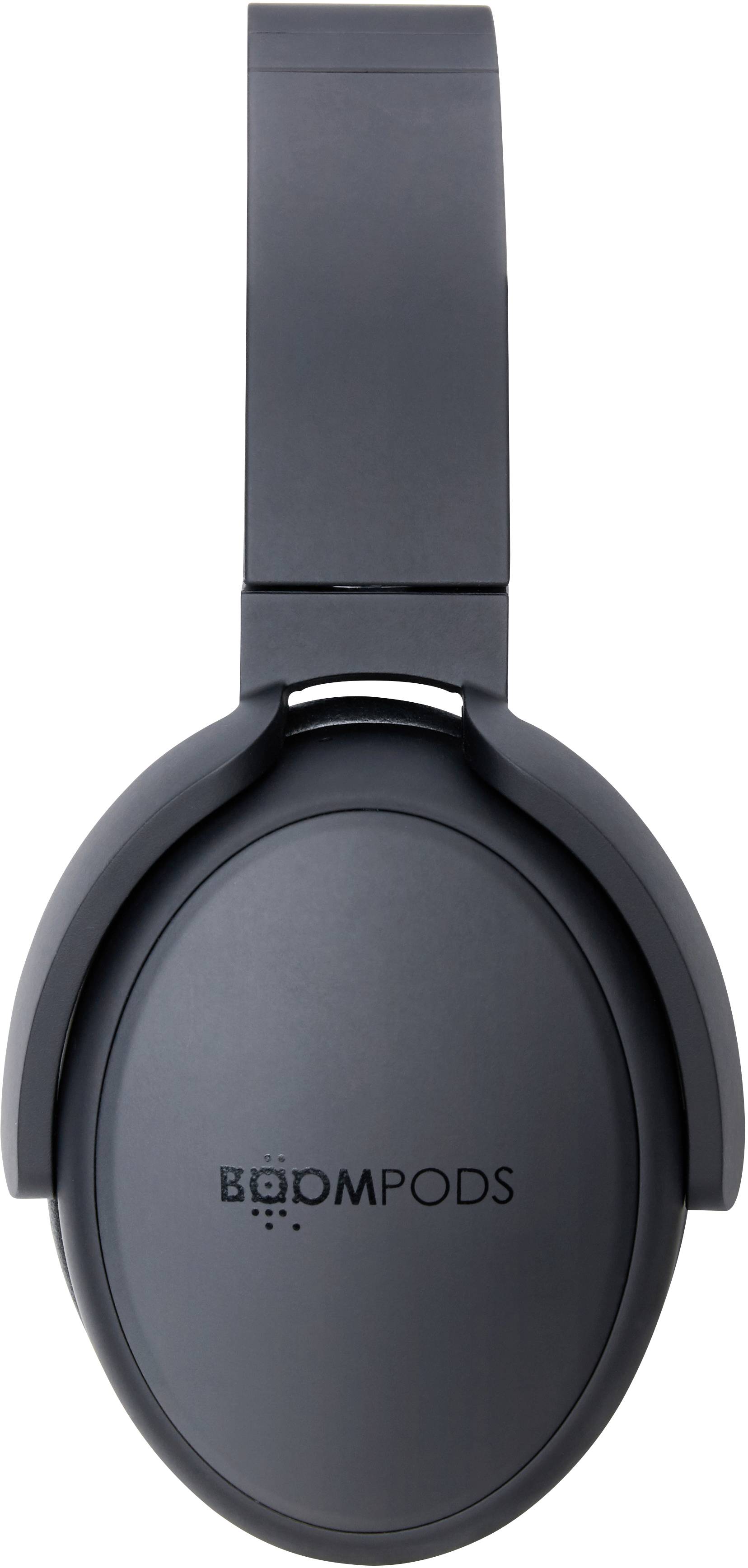Schwarze Over-Ear-Kopfhörer mit Aufschrift 'BOOMPODS' auf der Außenseite der Ohrmuschel.