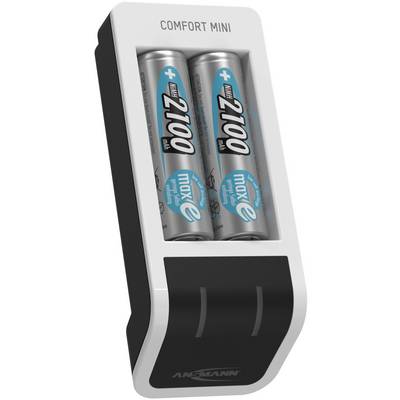 Ladegerät mit zwei eingelegten AA-Batterien des Typs 'maxE 2100 mAh', Markenname unten auf dem Gerät.