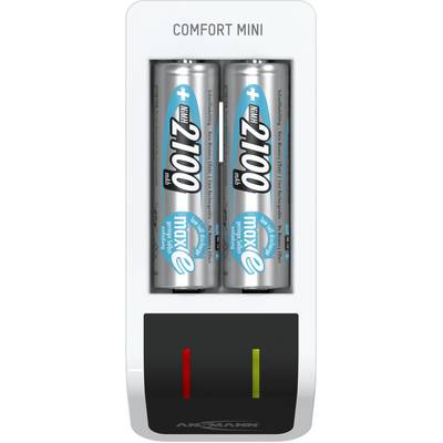 Zwei wiederaufladbare Batterien im Ladegerät. Eine Kontrollleuchte zeigt den Ladezustand an. Oben steht 'Comfort Mini'.