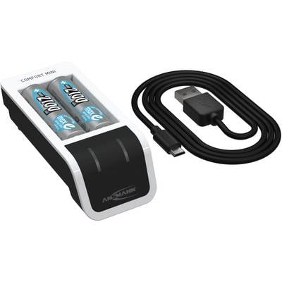 Ladegerät mit zwei AA-Akkus und einem USB-Kabel, geeignet für Batterien mit 2700 mAh Kapazität.