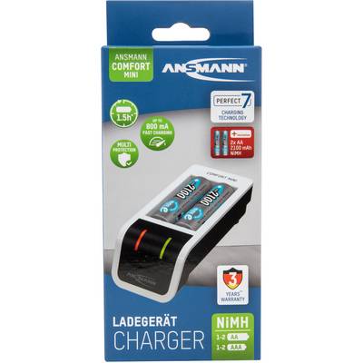 'Ansmann Ladegerät Comfort Mini' für NiMH-Batterien AA/AAA mit Ladestatusanzeige, 800mA Ladestrom und 3 Jahren Garantie.