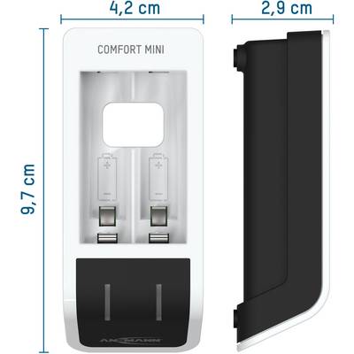 Ladegerät für zwei AA-Batterien, Modell 'Comfort Mini'. Maße: 9,7 cm hoch, 4,2 cm breit, 2,9 cm tief. Seiten- und Vorderansicht.