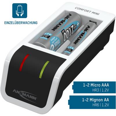 Ladegerät Ansmann Comfort Mini mit zwei aufladbaren AA-Batterien. Anzeige für Ladezustand mit grünem und rotem Licht.