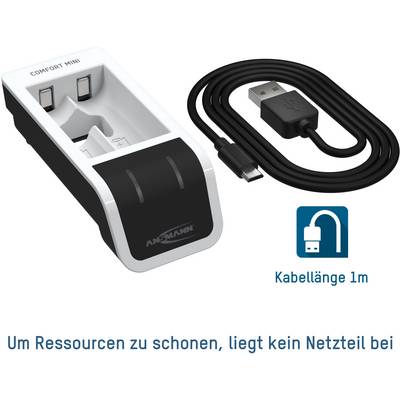 Ladegerät für AA/AAA Batterien mit schwarzem USB-Kabel, 1m Länge. Hinweis: Kein Netzteil enthalten, zur Ressourcenschonung.