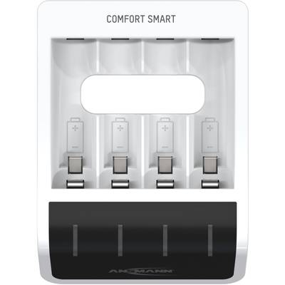Ladegerät 'Comfort Smart' mit vier Steckplätzen für AA- und AAA-Batterien, leeres Fach, weiße und schwarze Gestaltung.
