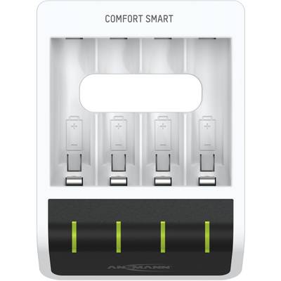 Ladegerät mit vier Batterie-Steckplätzen, grünen LED-Anzeigen und der Aufschrift 'Comfort Smart' oben.