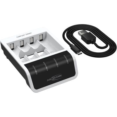 Ladegerät für AA/AAA-Batterien mit vier Ladesteckplätzen, USB-Ladekabel, schwarzes und weißes Design, geeignet für Komfortladung.