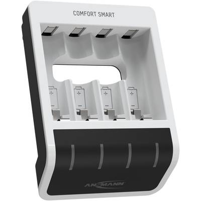 Ein Batterieladegerät mit der Aufschrift 'Comfort Smart', vier Ladeplätze und polaritätsgekennzeichnete Kontakte.