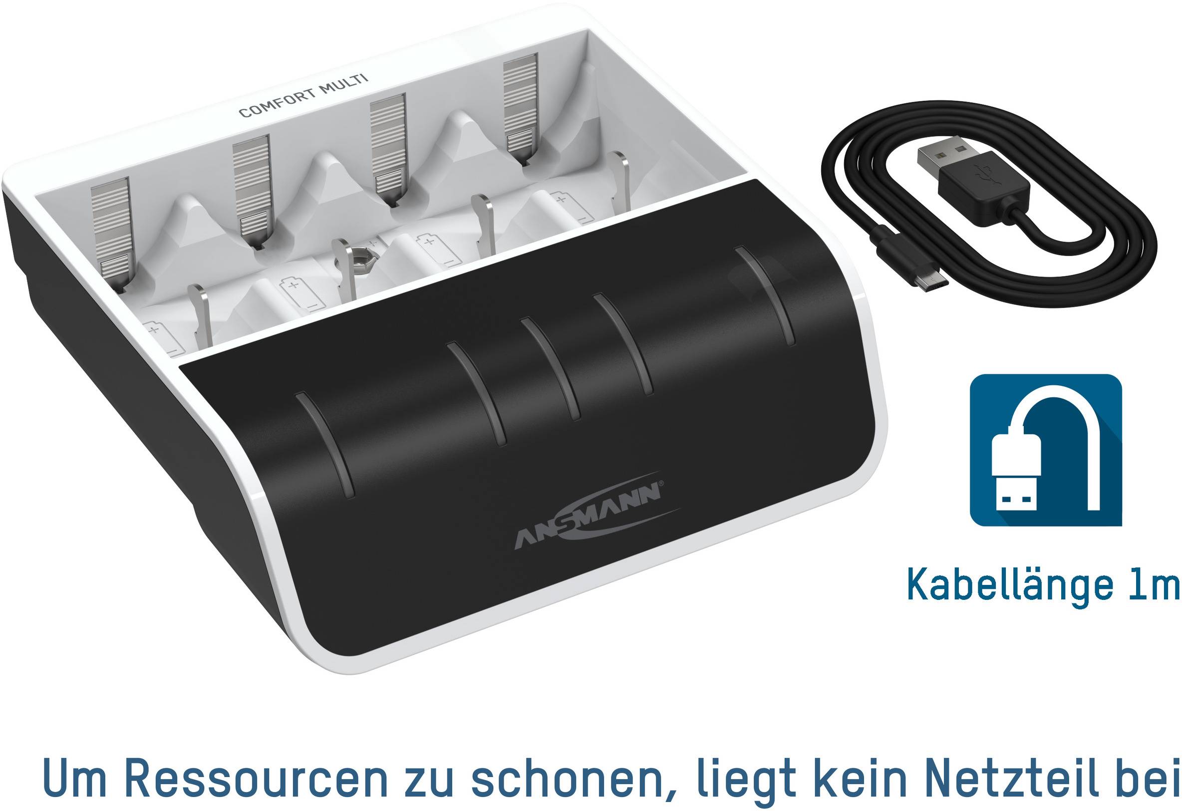 'Schwarz-weißes Akkuladegerät für mehrere Batterien mit USB-Kabel. Hinweis: Kein Netzteil enthalten, Kabellänge 1m.'