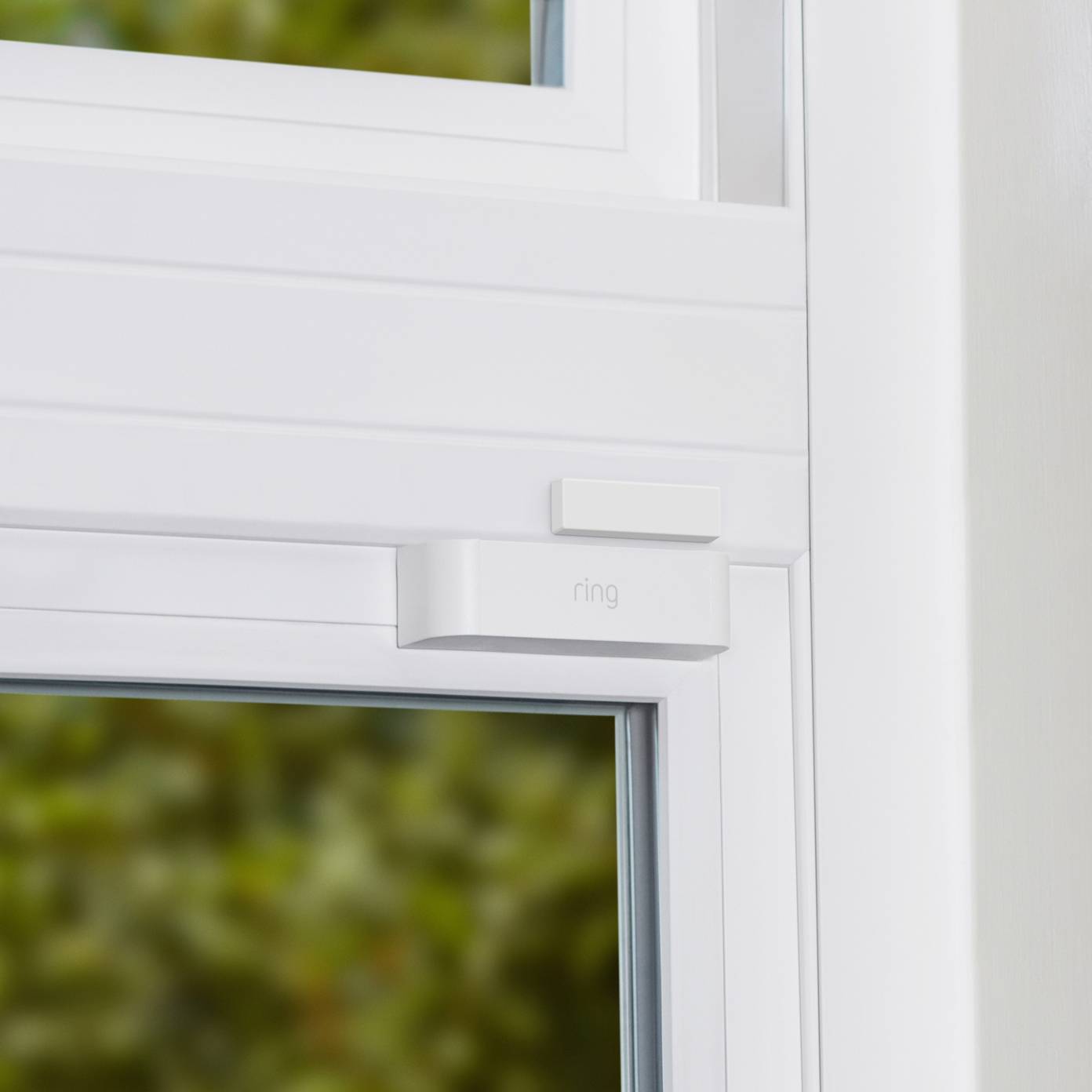 Ein weißer Fensterrahmen mit einem Sensor von 'Ring'. Der Sensor ist oben montiert und dient zur Überwachung von Fensterbewegungen.