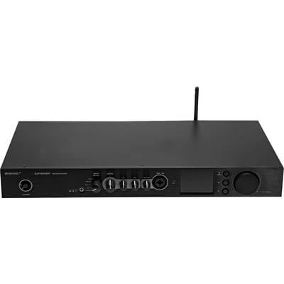 Ein schwarzer Audio-Receiver mit Antenne, mehreren Steuerknöpfen und einem Display.