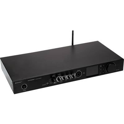 Schwarz glänzendes Audiointerface mit mehreren Drehreglern und einem Display auf der Vorderseite.