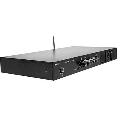 Ein schwarzer Audioverstärker mit mehreren Reglern und einem Netzschalter auf der Vorderseite. Eine Antenne ragt nach oben.